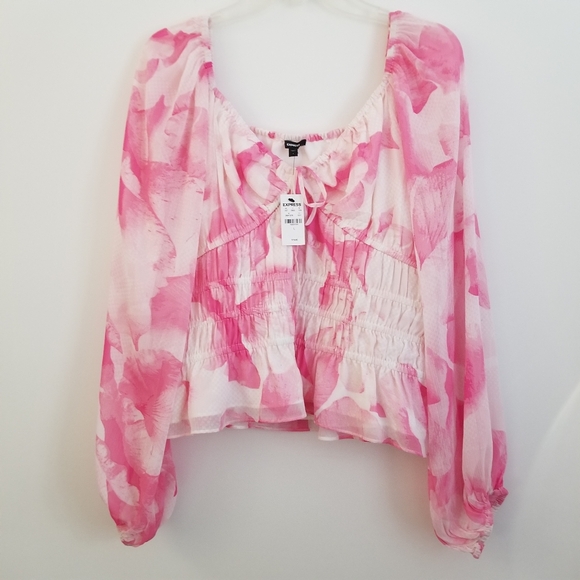 Express Womens Balloon Sleeve Babydoll Smocked Top Size Large Pink Floral Peplum - Picture 1 of 9